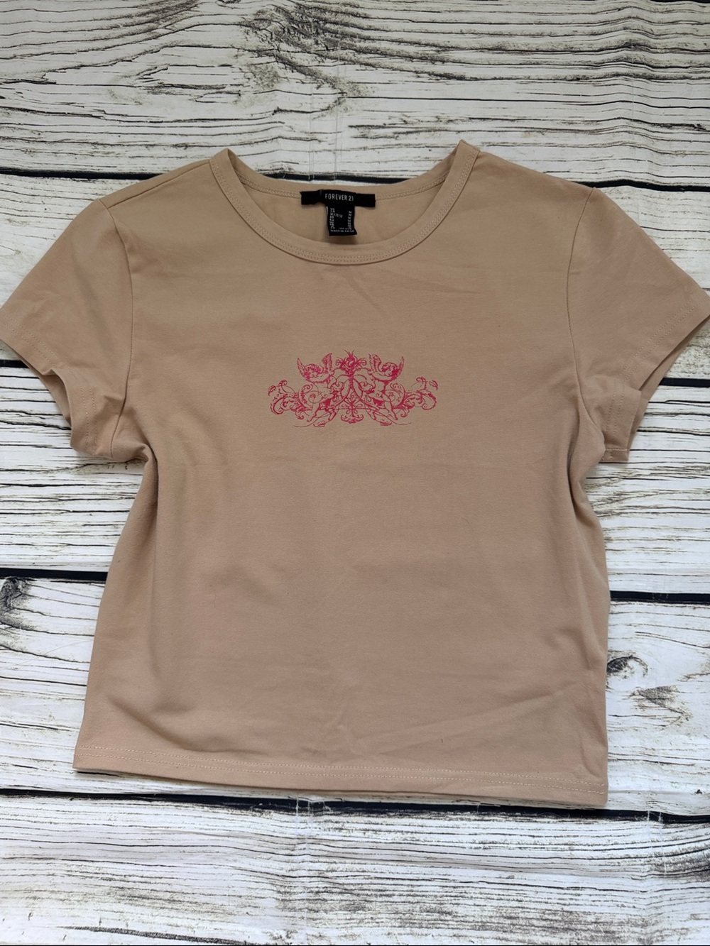 ♡ Forever 21 Tan Short Sleeve Stretch Baby Tee with Angel Embroidery M